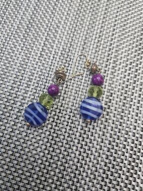 Handcrafted Blue, Green & Purple Beaded Drop Earrings